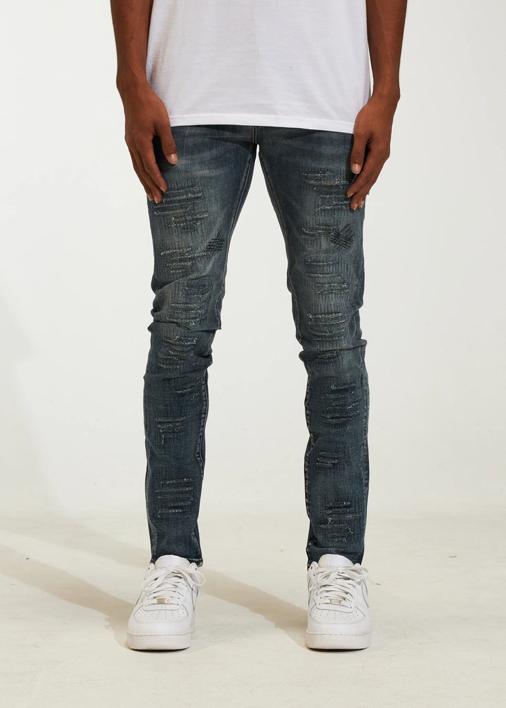 restitched dark blue denim crysp denim